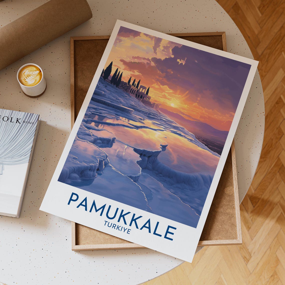Pamukkale Turkiye Sunset Poster with Travertines and Ancient Ruins