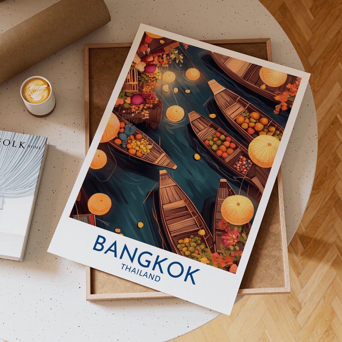 Bangkok Floating Market Lantern Boats Night Thailand Travel Poster