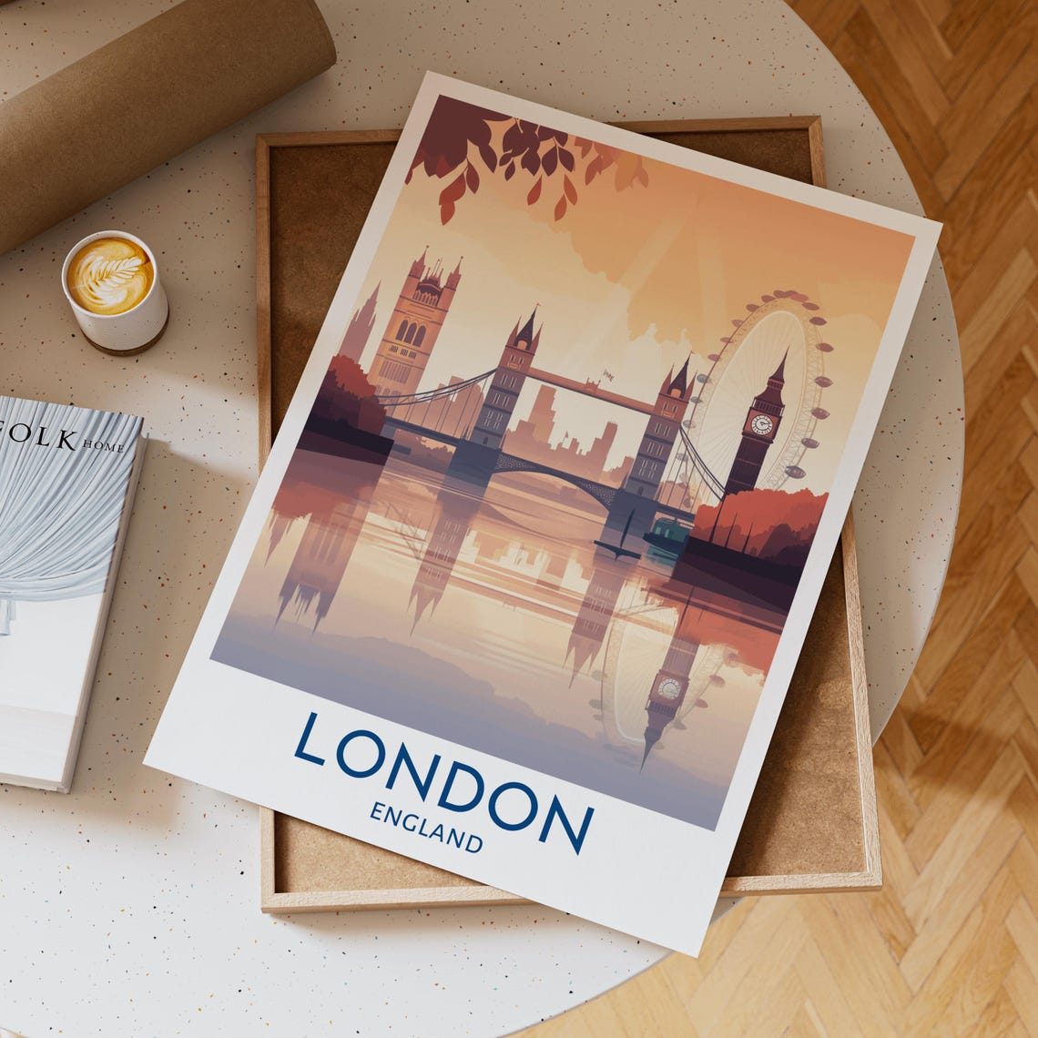 London England Tower Bridge Big Ben Sunrise Skyline Travel Poster