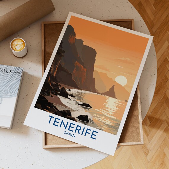 Tenerife Spain Golden Sunset Cliffs Waves Ocean Coastal Travel Poster