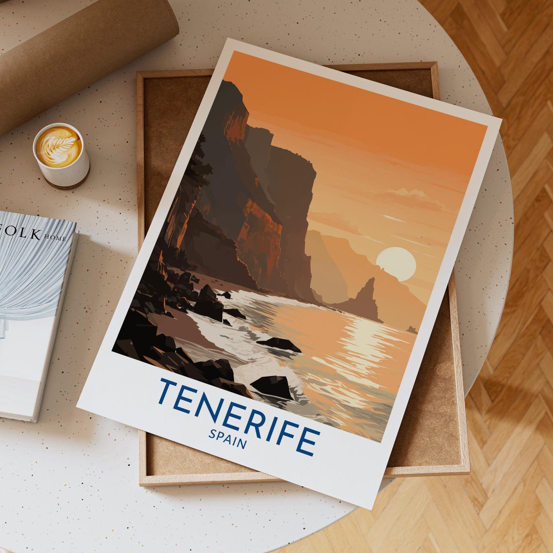 Tenerife Spain Golden Sunset Cliffs Waves Ocean Coastal Travel Poster
