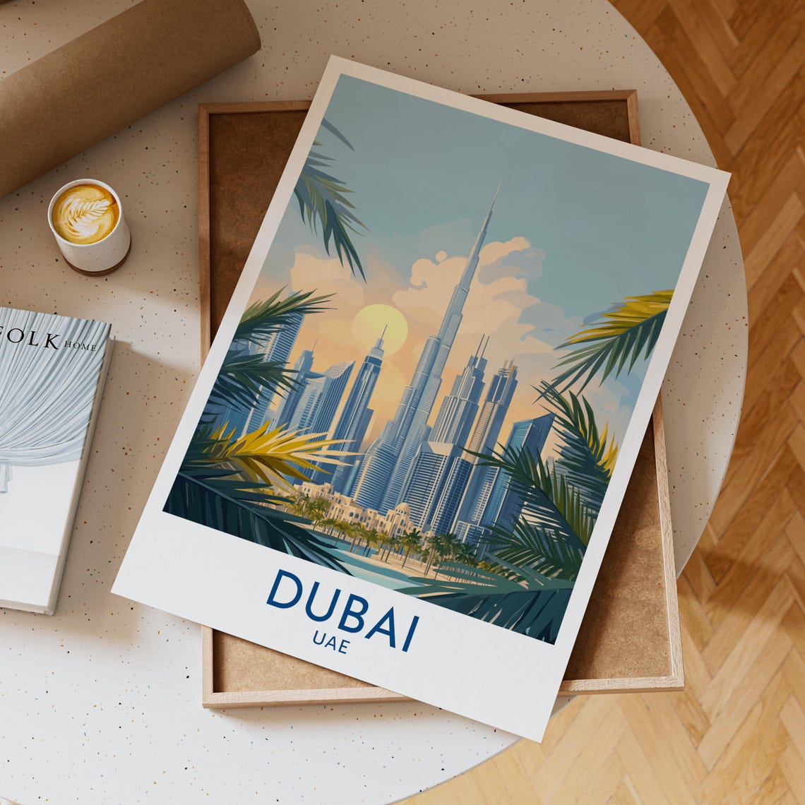 Dubai UAE Burj Khalifa Palm Framed Skyline Sunrise Travel Poster