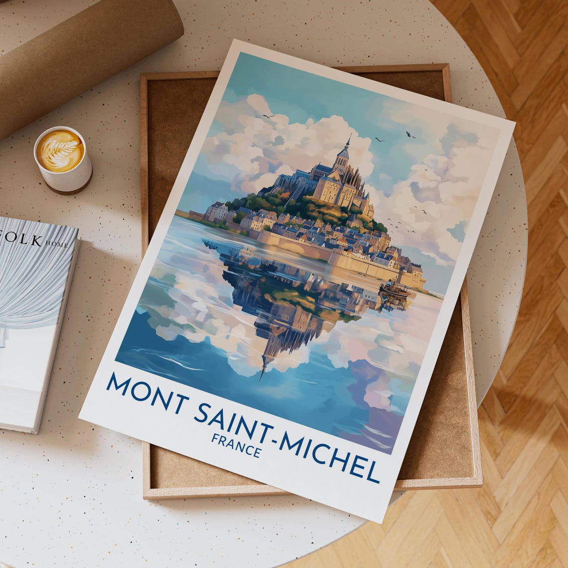 Mont Saint Michel Travel Poster France Coastal Wall Art Reflection Print French Island Landscape Vintage Style Decor Traveler