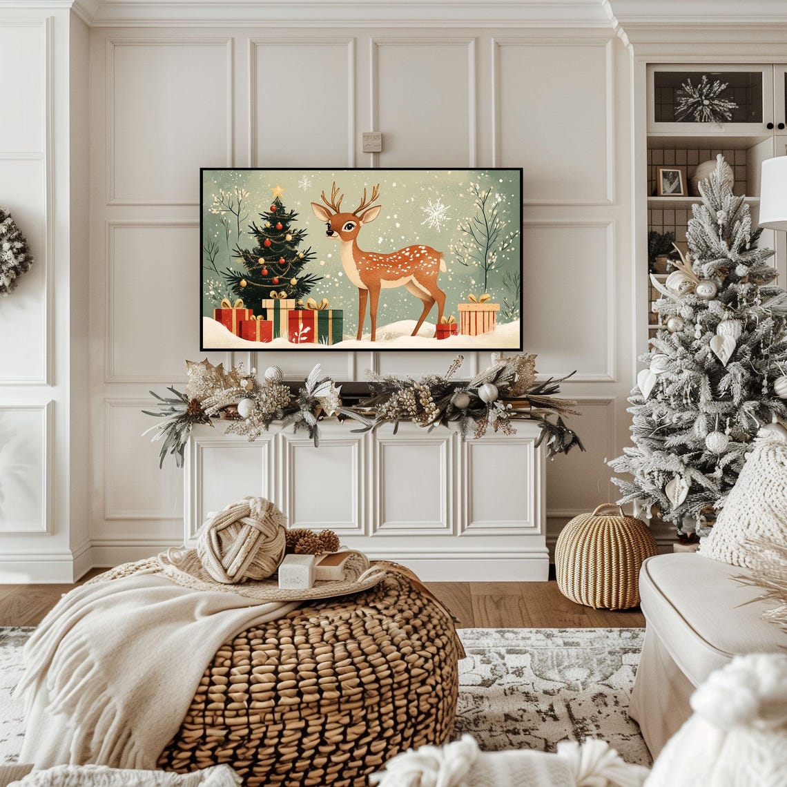 Vintage Christmas Deer With Tree And Gifts Snowy Scene Art Poster - Image 2