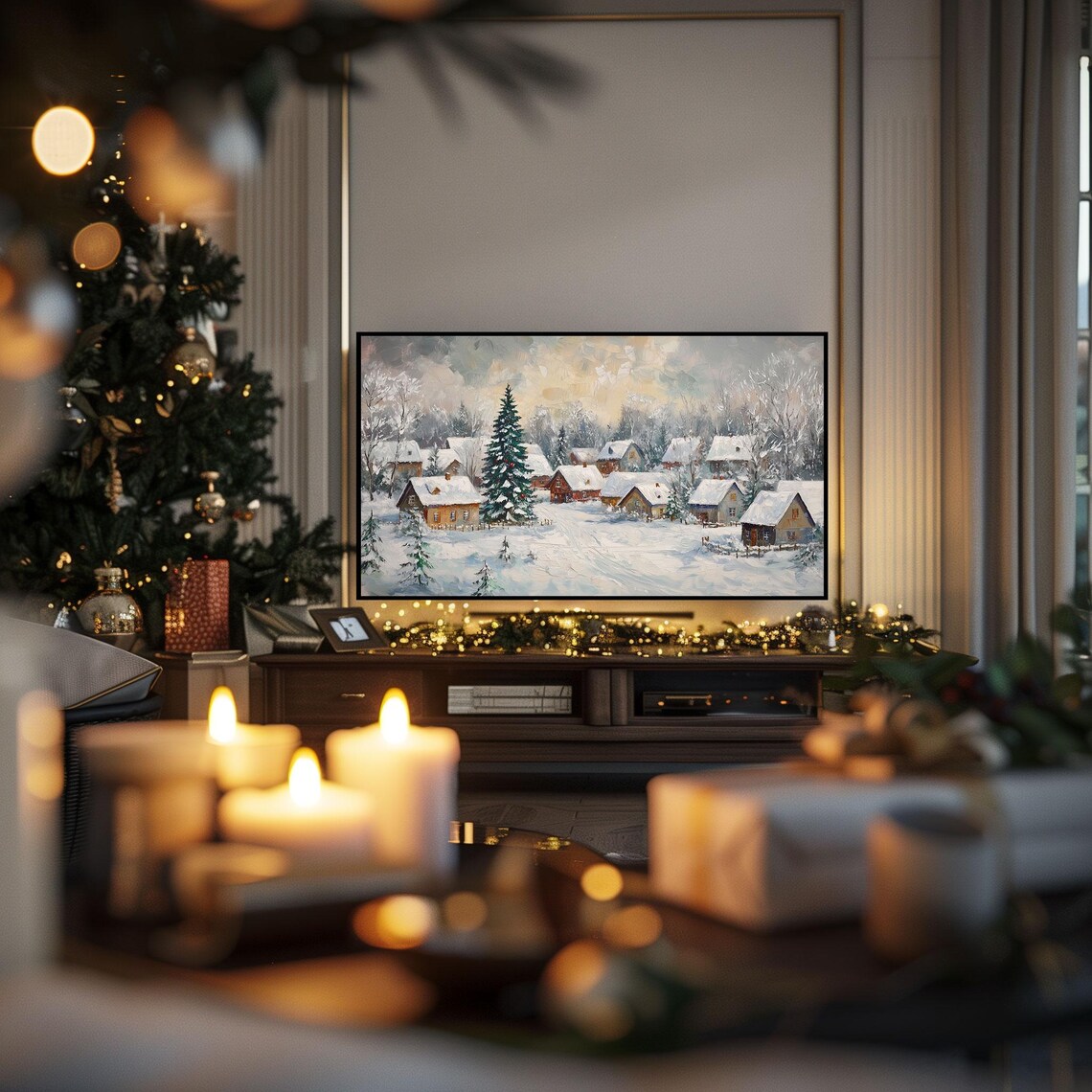 Cozy Snowy Winter Village Christmas Oil Painting Holiday Poster - Image 3