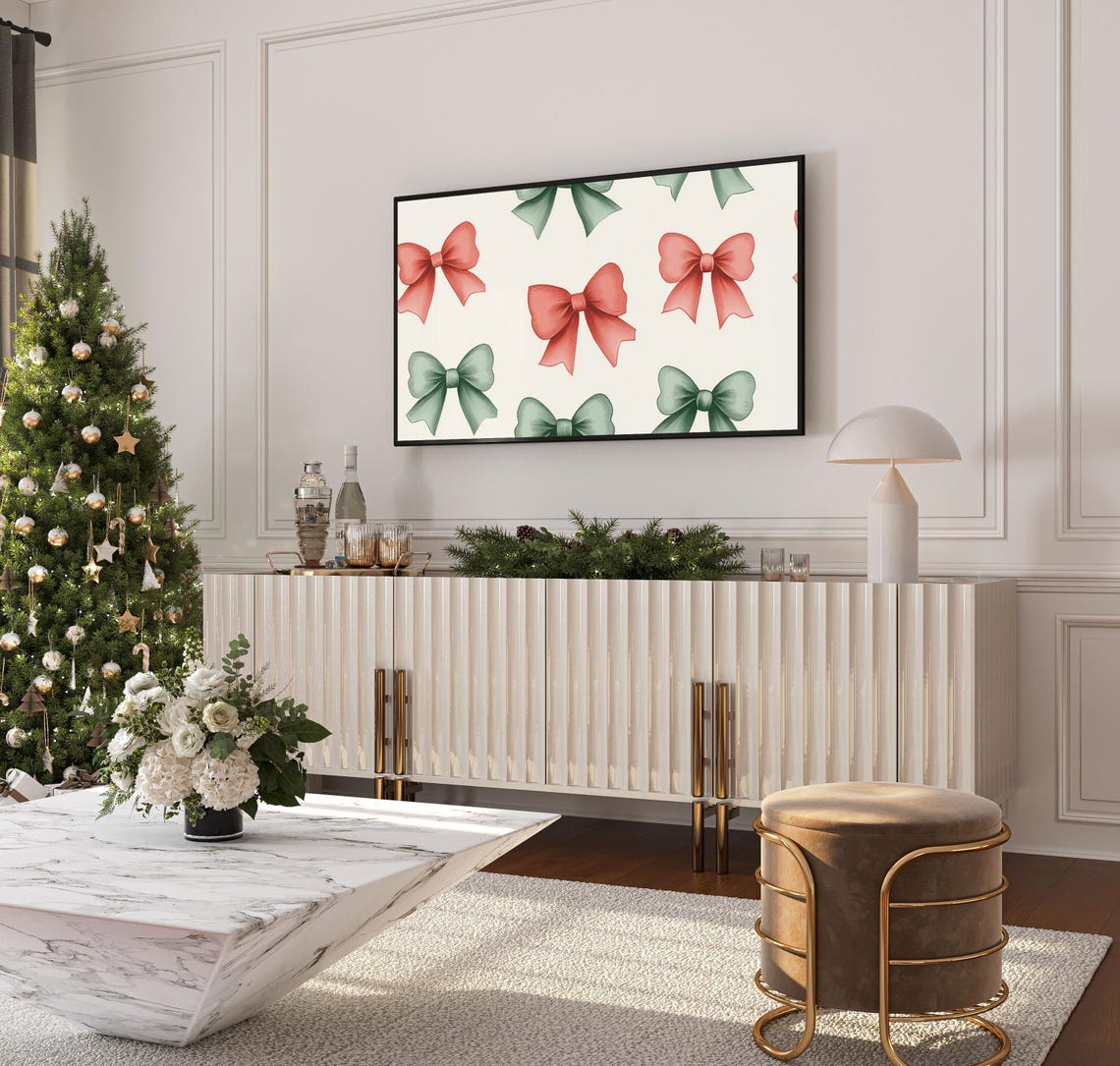 Festive Watercolor Red Green Bow Pattern Frame Tv Christmas Poster - Image 4