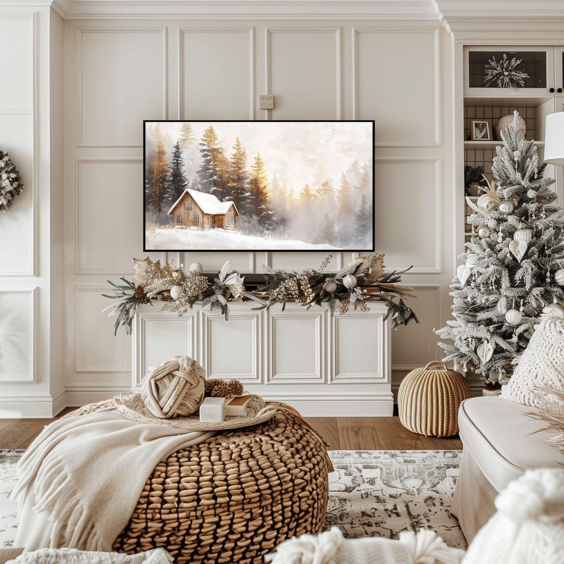 Snowy Log Cabin in Misty Pine Forest Winter Landscape Art Poster - Image 2