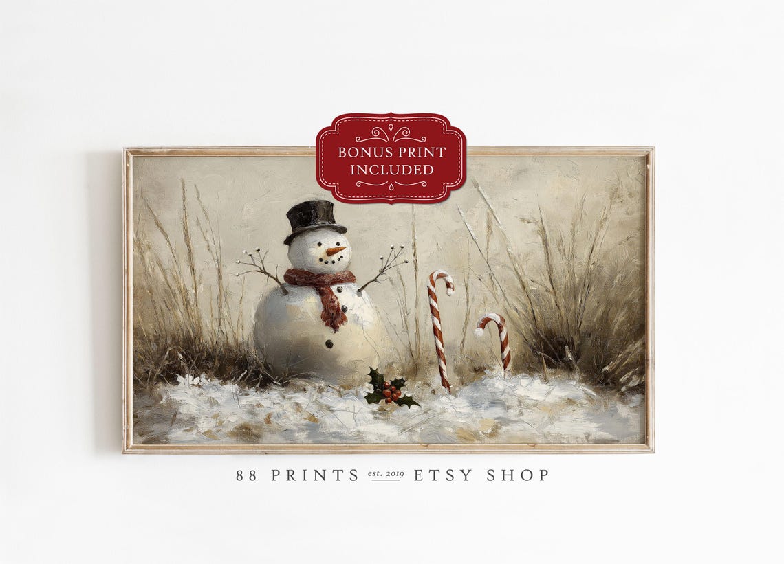 Rustic Snowman with Candy Canes Winter Watercolor Art Poster