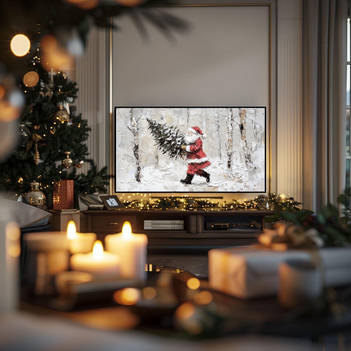 Festive Santa Carrying Tree Snowy Christmas Frame TV Art Poster - Image 3