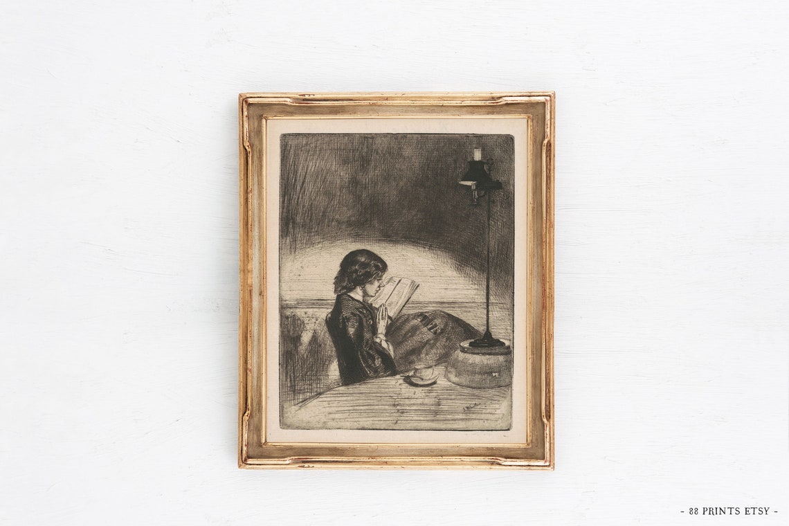 Vintage Woman Reading by Lamplight Etching Dark Academia Poster - Image 2