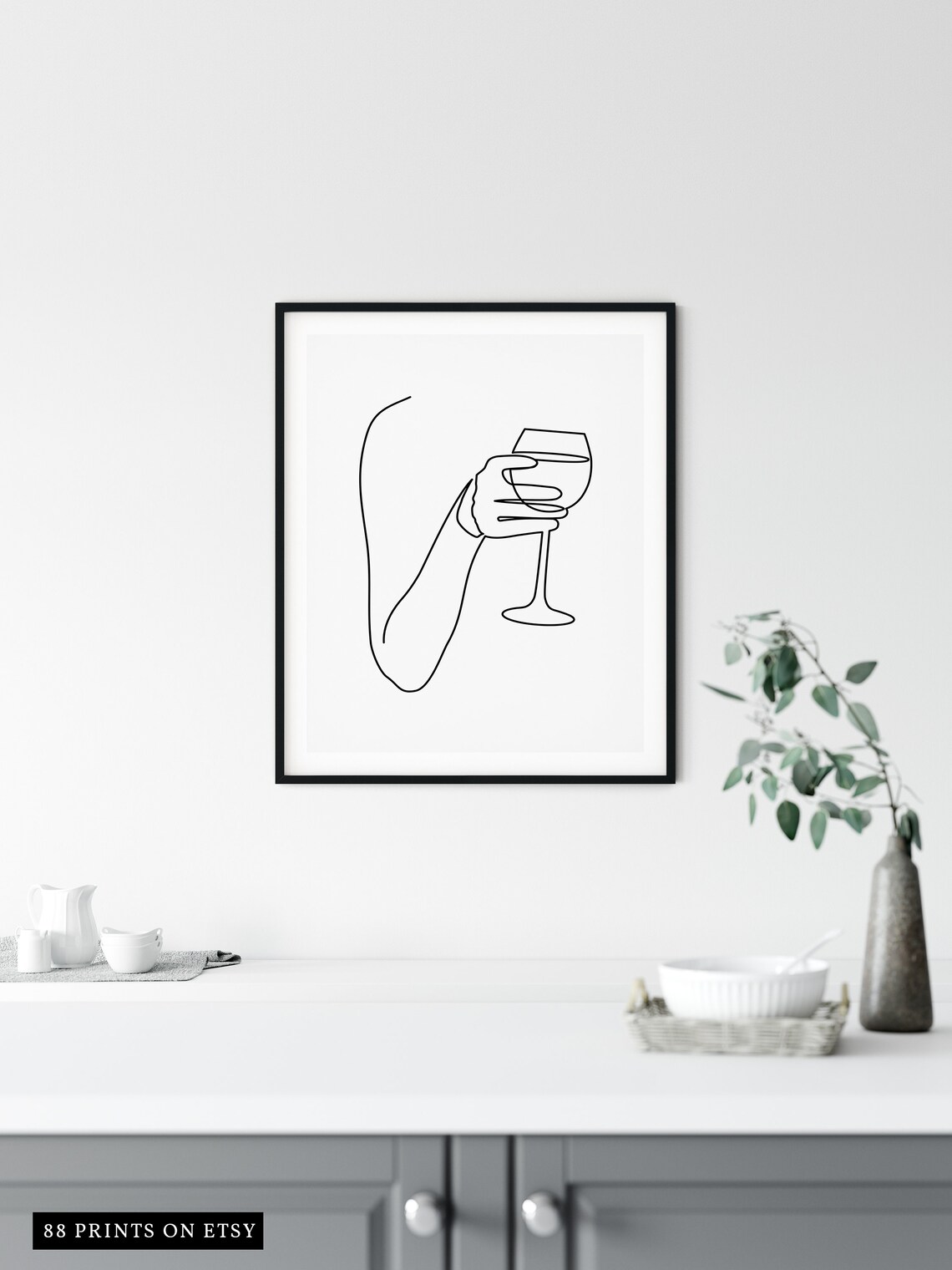 Minimalist Line Drawing Hand Holding Wine Glass Black White Poster - Image 3