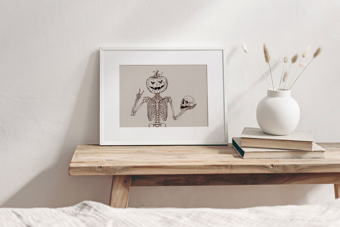 Pumpkin Head Skeleton Peace Sign Spooky Halloween Line Art Print - Image 3