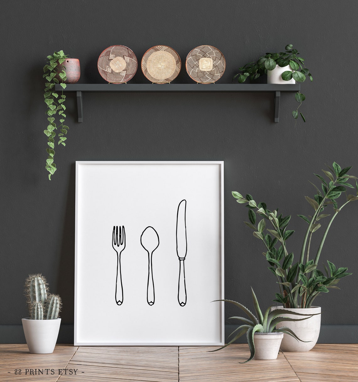 Minimalist Fork Spoon Knife Line Drawing Kitchen Wall Art Decor - Image 3
