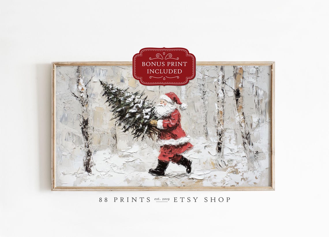 Festive Santa Carrying Tree Snowy Christmas Frame TV Art Poster