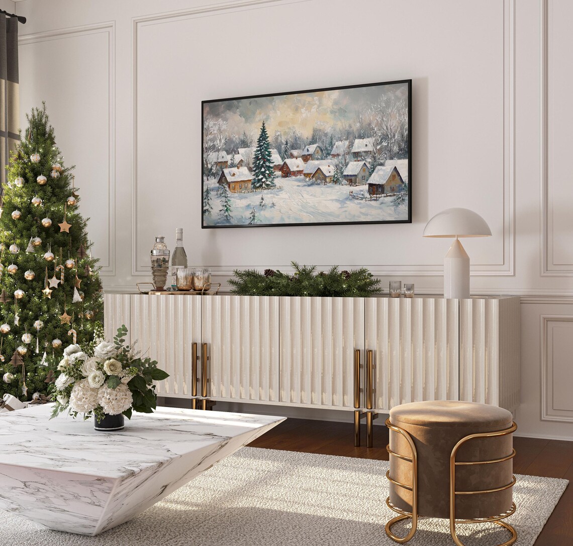 Cozy Snowy Winter Village Christmas Oil Painting Holiday Poster - Image 4