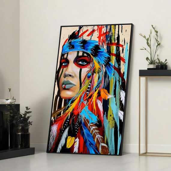 Bold Tribal Woman With Feather Headdress, Modern Art