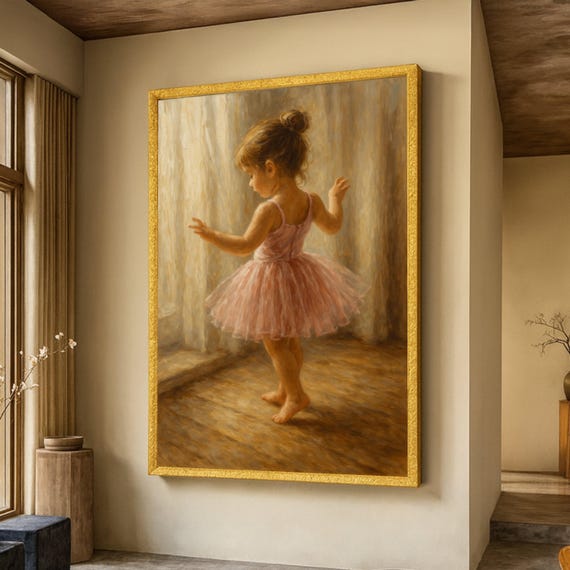 Little Ballerina In Pink Tutu Soft Light Canvas Wall Art Childhood Dance Scene Elegant Ballet Decoration Nursery Room Print