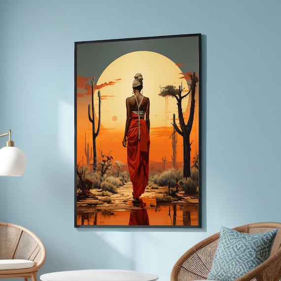 African Woman Walking Into Desert Sunset Surreal Dreamscape Poster