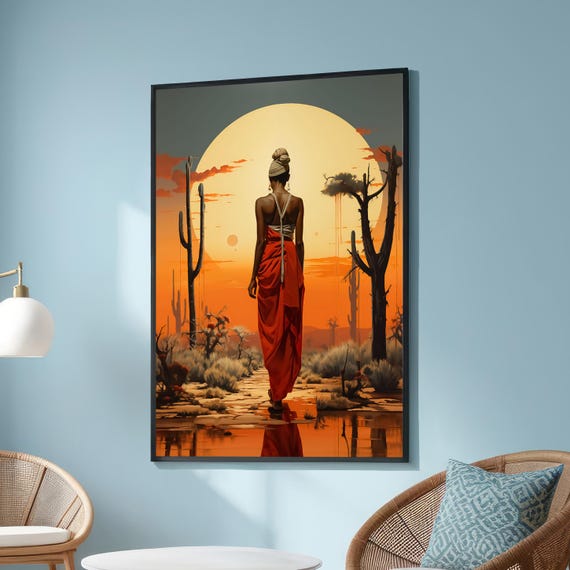 Desert Sunset African Woman Art Surreal Dreamscape Wall Bold Cultural Decor