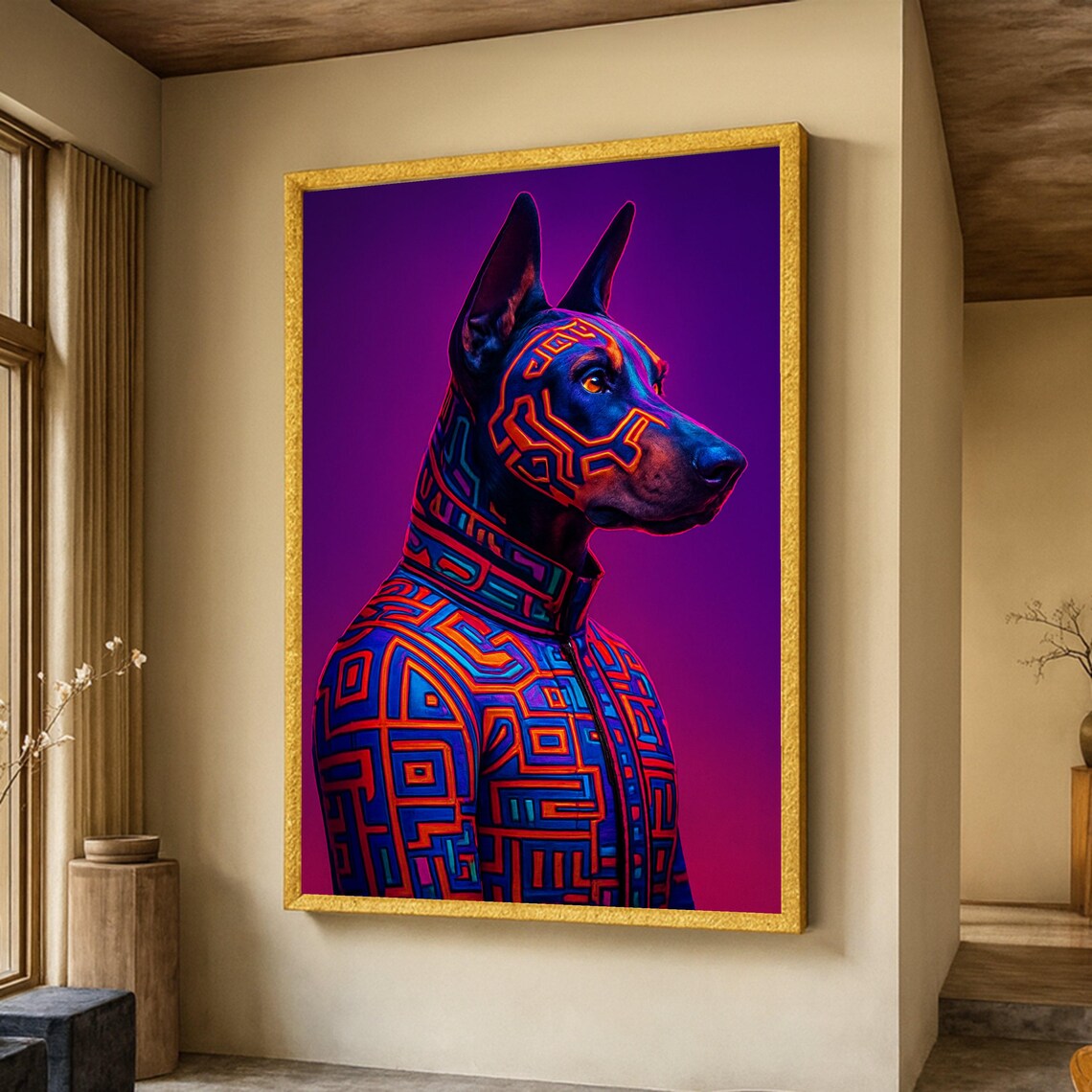 Neon Geometric Doberman Art Print, Modern Portrait