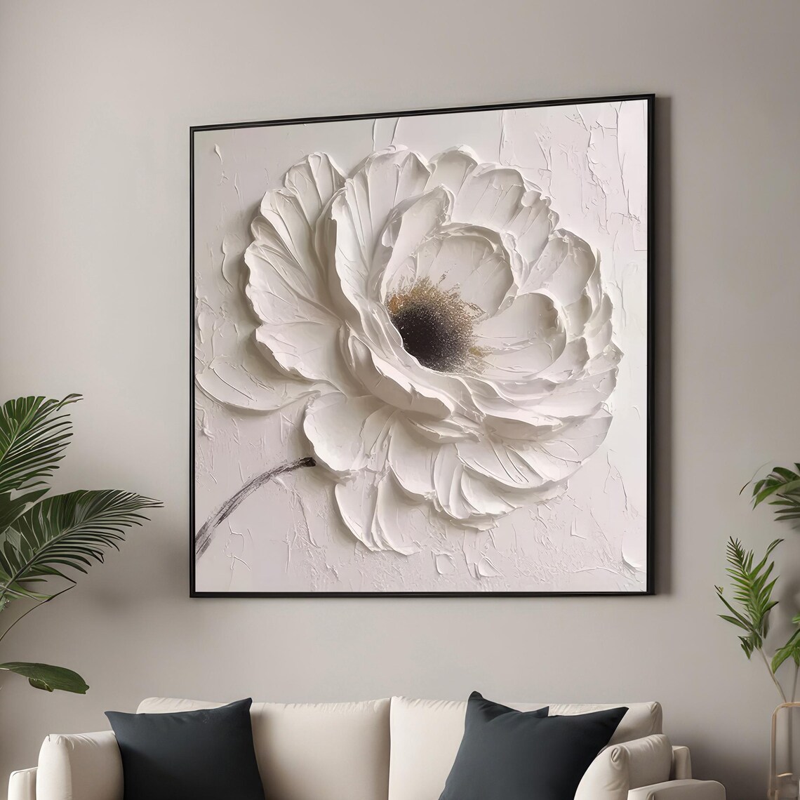 White Flower Art, Minimalist Floral Painting