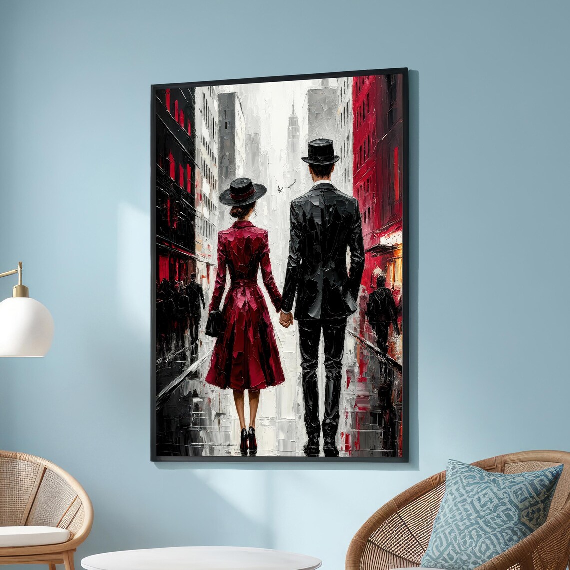 Romantic City Couple Holding Hands Red Black Impressionist Canvas Poster