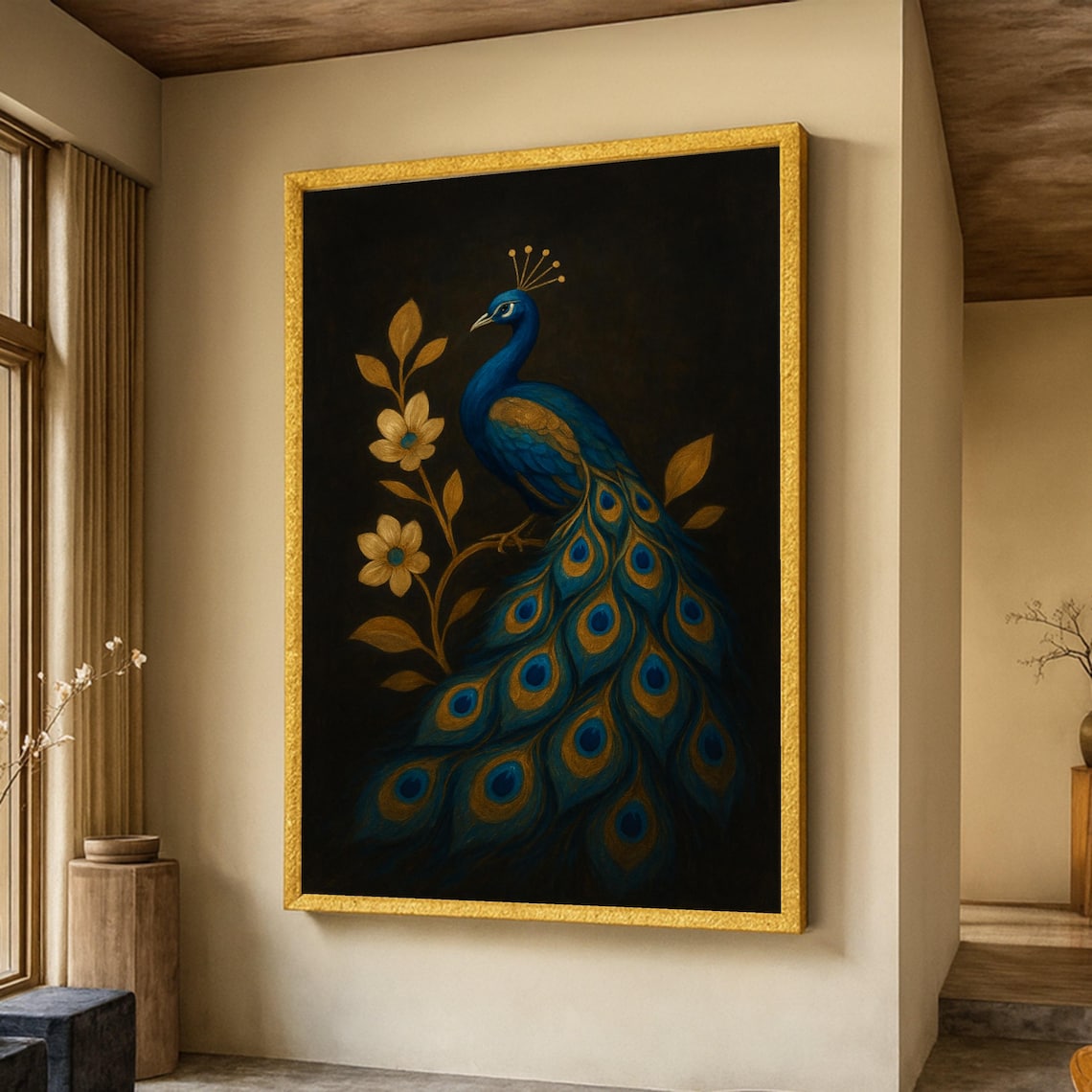 Majestic Blue Peacock Golden Floral Branches Elegant Bird Painting Poster