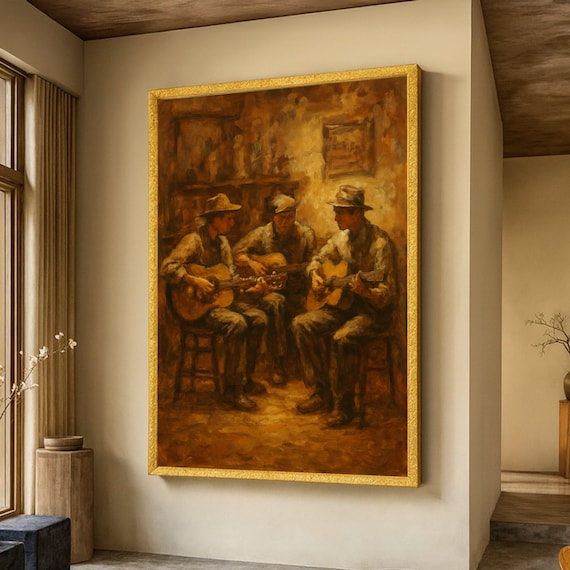 Vintage Guitar Players Canvas Wall Art Rustic Music Scene Sepia Tone Painting Acoustic Jam Session Classic Folk Decor