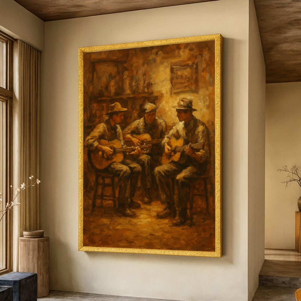 Rustic Guitar Players Jam Session Vintage Sepia Acoustic Music Poster