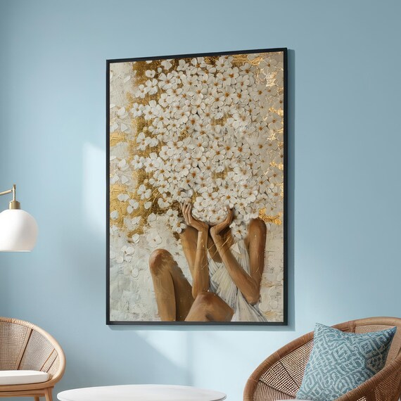 Floral Woman White Flowers Gold Elegant Surreal Botanical Portrait Wall Art