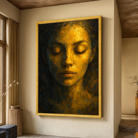 Golden Serenity Portrait Canvas Abstract Woman Face Wall Art Expressionist Modern Home Decoration Meditation Print