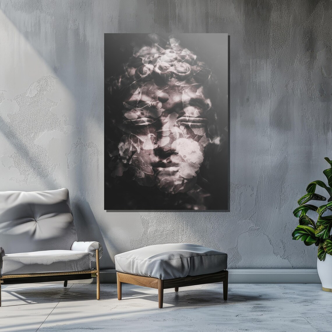 Surreal Double Exposure Classical Statue, Floral Overlay - Image 2