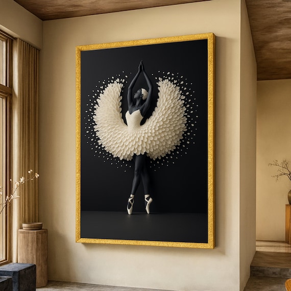 Black Ballerina With Feathered Ivory Tutu, Modern Art Print