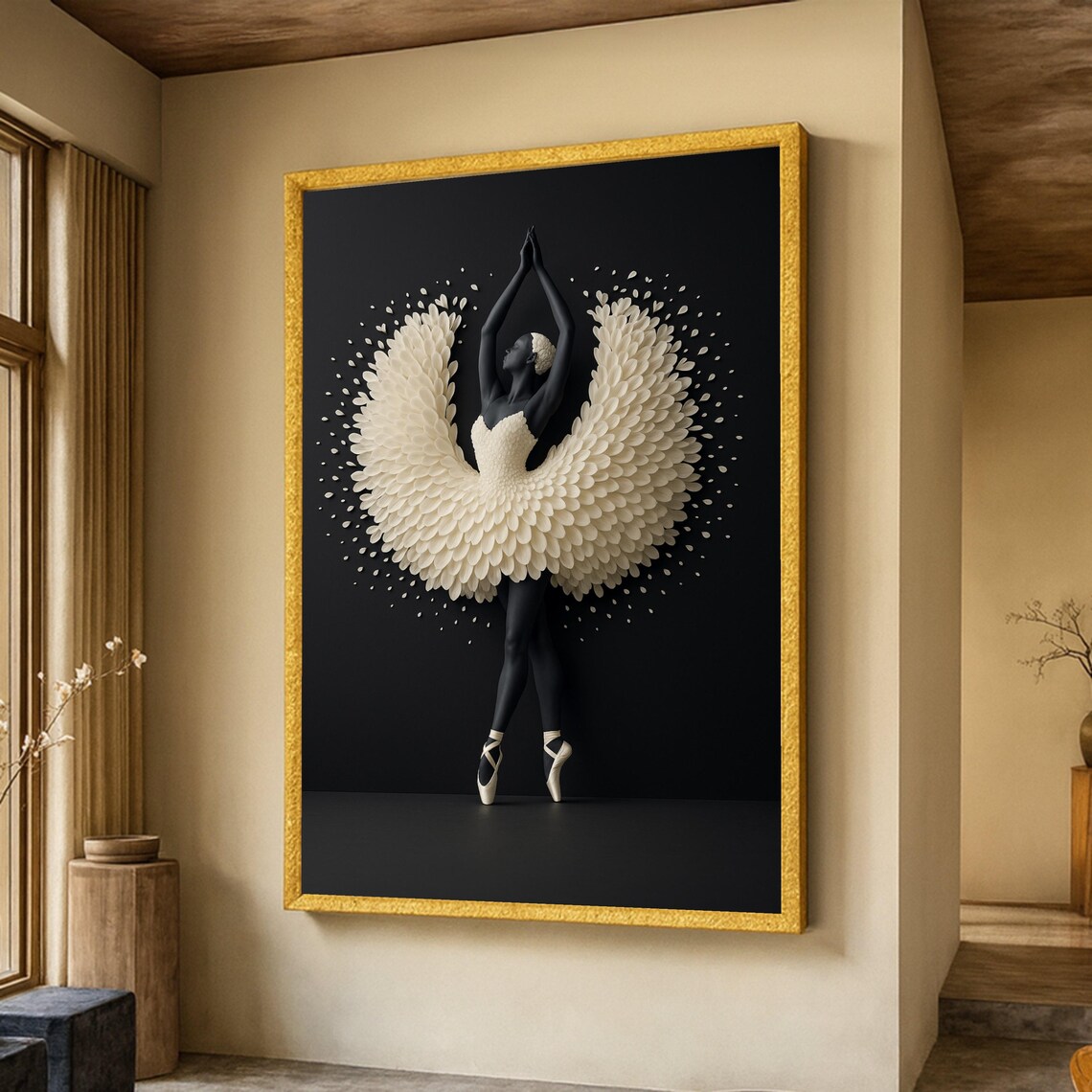 Black Ballerina With Feathered Ivory Tutu, Modern Art Print