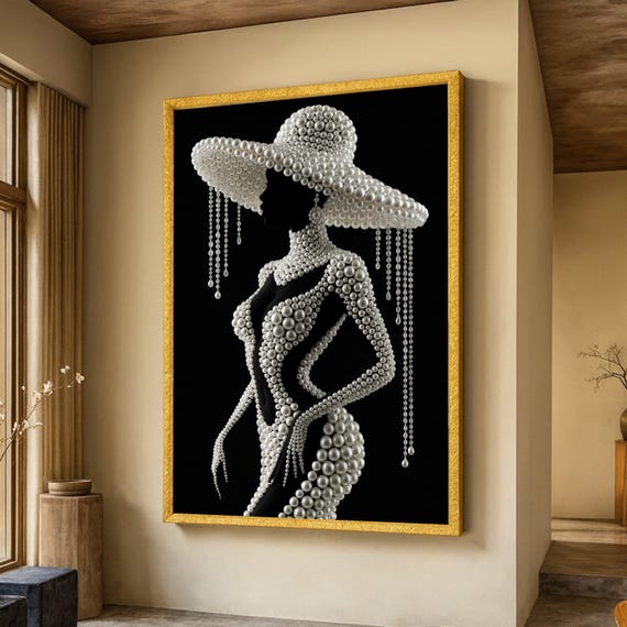Elegant Pearl Woman Silhouette Canvas Fashion Art Print Black Background Glamorous Wall Decor Modern Luxury Ready To Hang