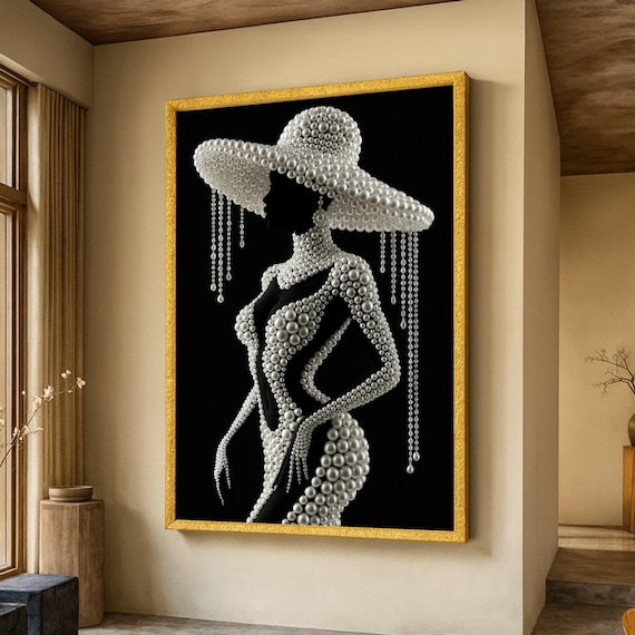 Pearl Woman Silhouette Poster Elegant Beaded Hat Glamorous Fashion Wall Decor