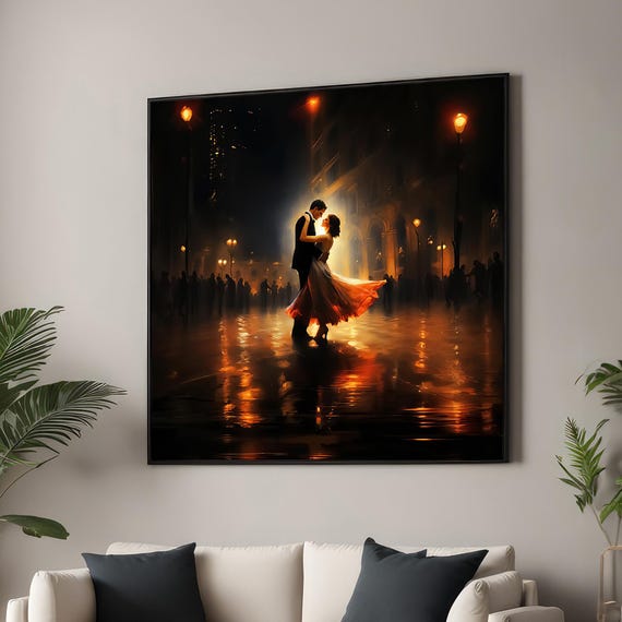 Romantic Couple Dancing, Night City Lights Art