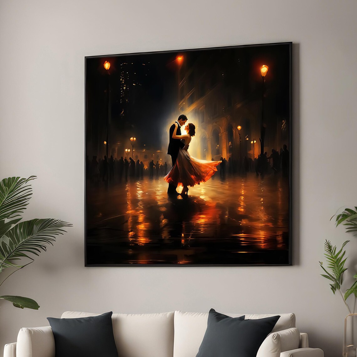 Romantic Couple Dancing, Night City Lights Art