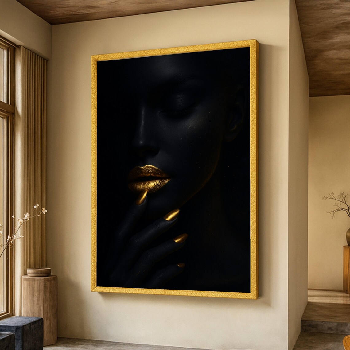 Elegant Black And Gold Portrait, Modern Abstract Beauty