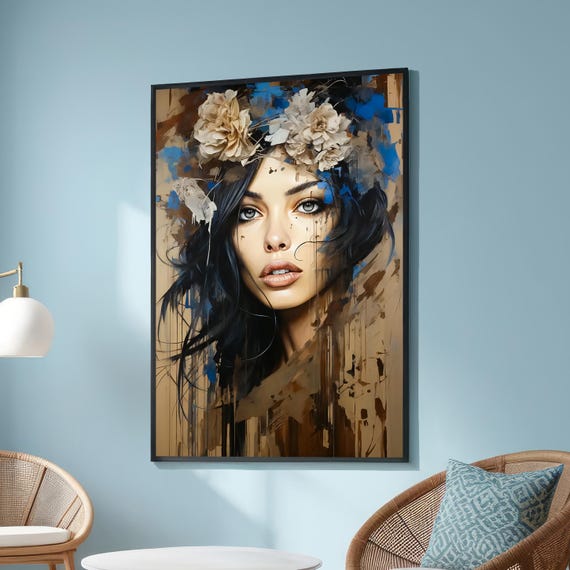 Realistic Woman With Flower Crown Art Hyperrealism And Abstract Canvas Modern Feminine Portrait Decor