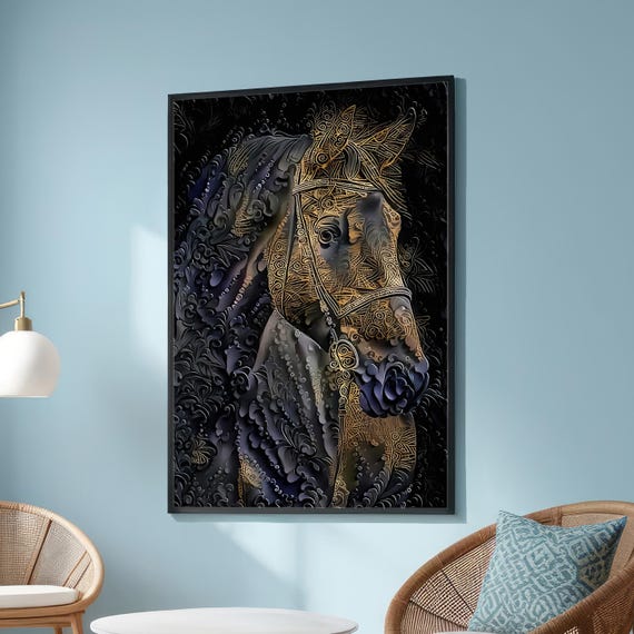 Abstract Gold Horse Canvas Print Luxury Equine Wall Art Black And Home Decor Surreal Animal Artwork Ready To Hang Modern