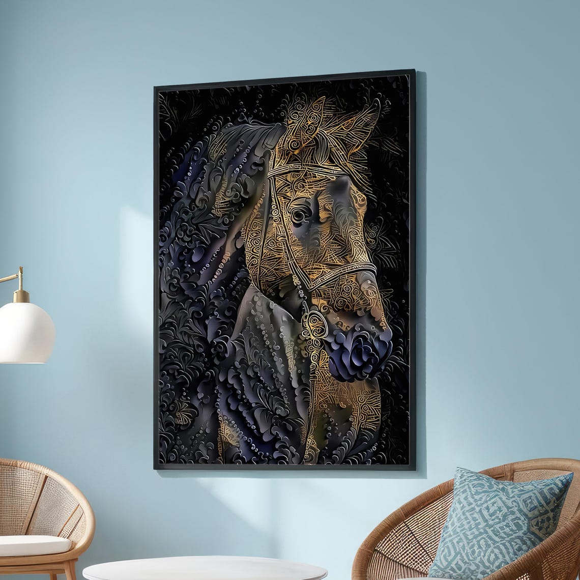 Ornate Gold Horse Head Portrait Print Luxury Black Equine Decor