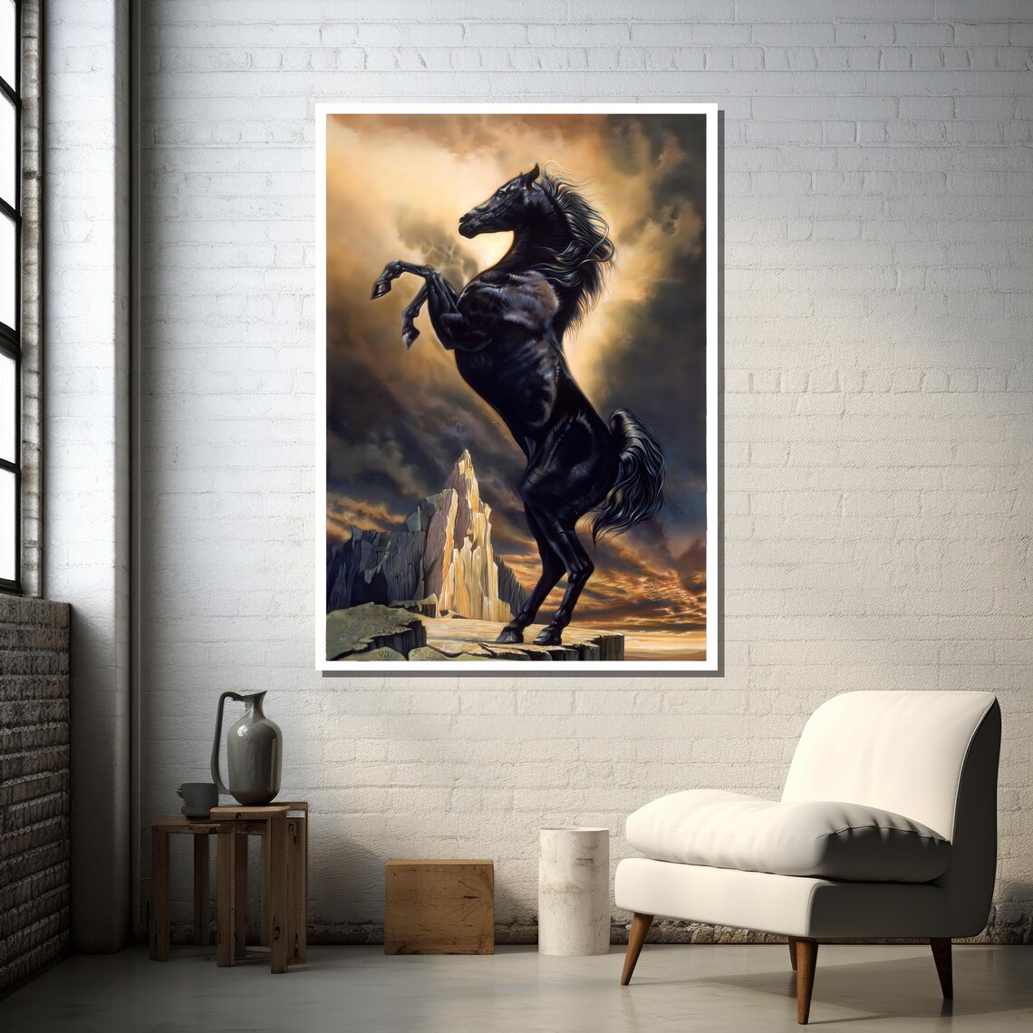 Majestic Black Stallion, Fantasy Landscape Art Print - Image 2