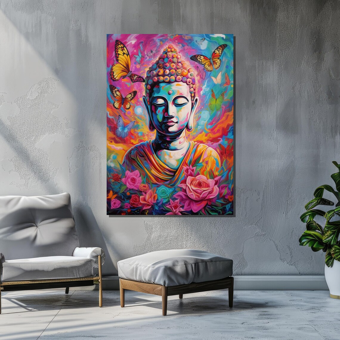 Colorful Buddha With Butterflies And Flowers, Psychedelic Art - Image 2