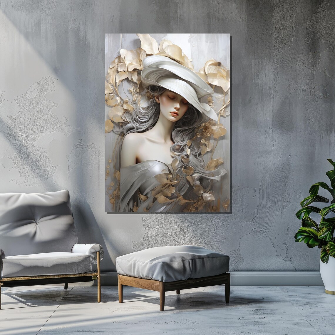 Elegant Woman In White Hat, Surreal Botanical Art Print - Image 2