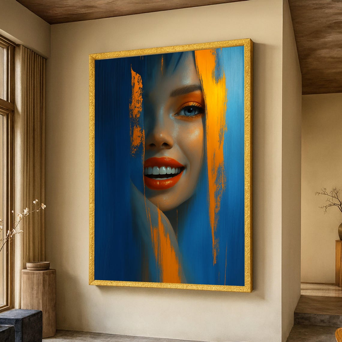 Vibrant Smiling Woman Portrait Blue Orange Abstract Face Poster
