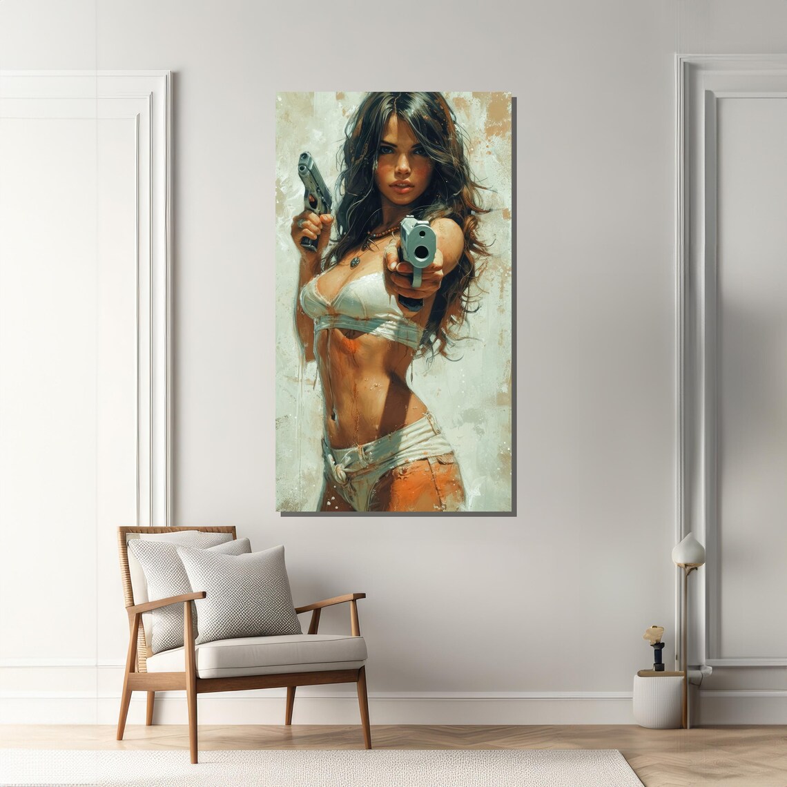 Fierce Woman With Dual Guns, Bold Dynamic Art - Image 2