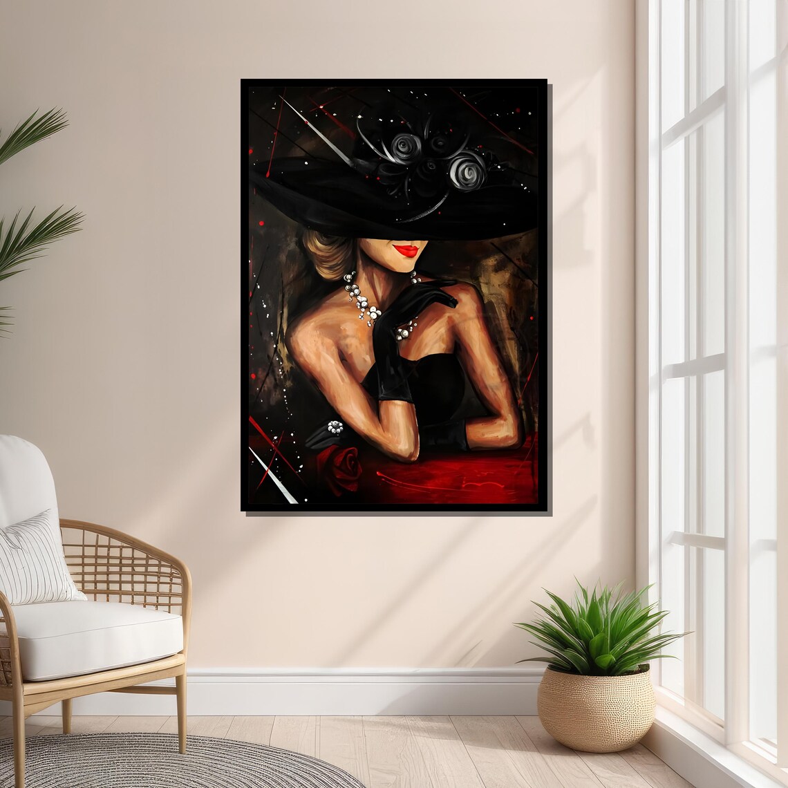 Elegant Woman in Black Hat, Glamorous Portrait Art Print