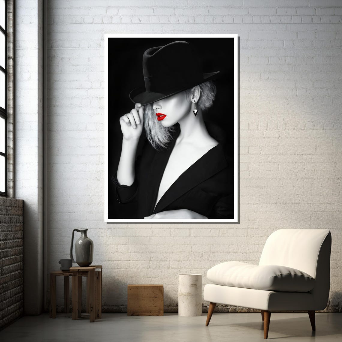 Noir Woman in Fedora Red Lips Black White Mystery Glamour Poster