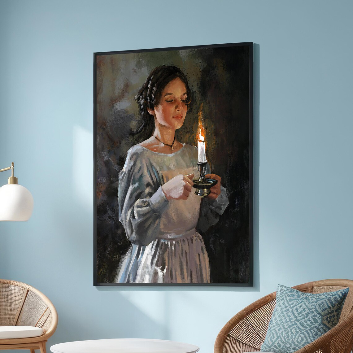Young Woman Holding Candle, Realistic Impressionist Art